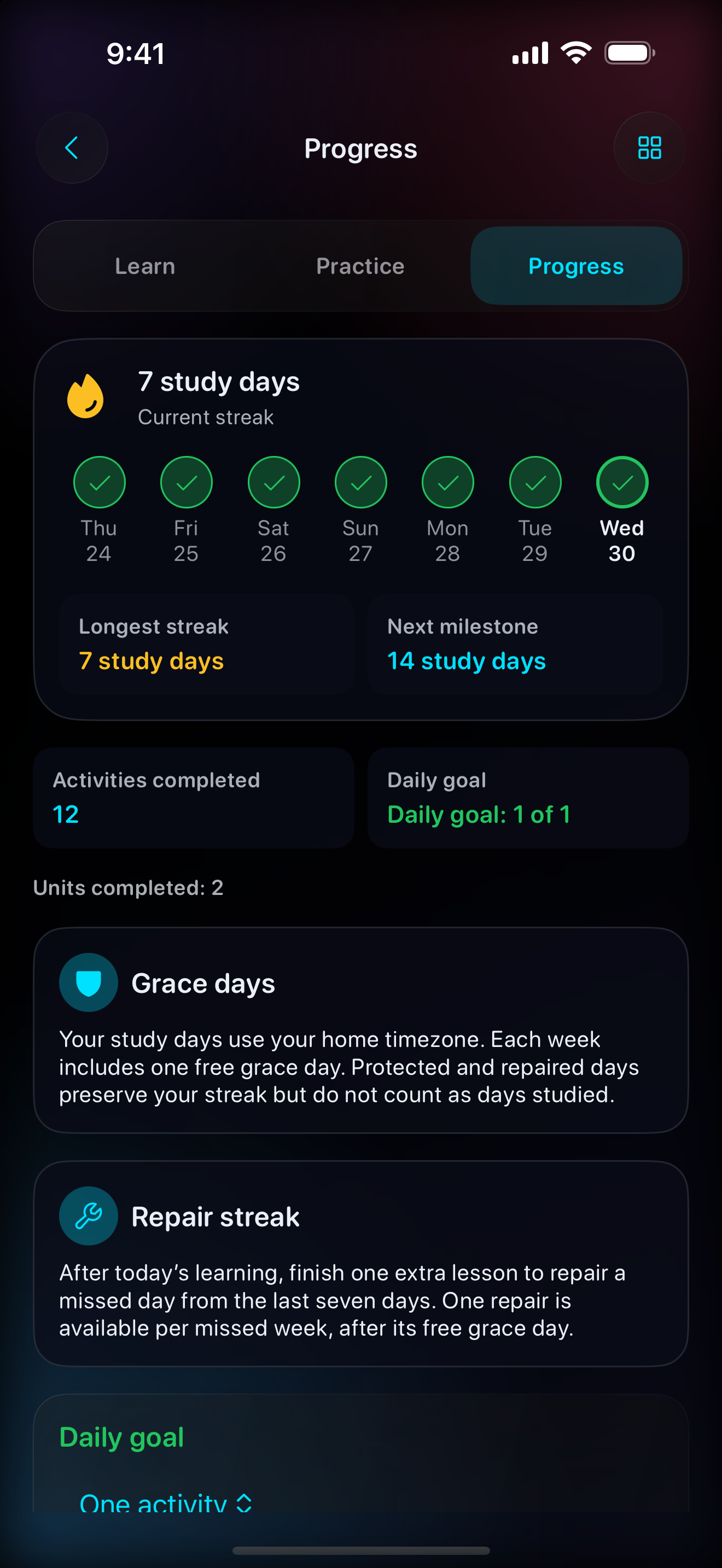 KlarFort Learn Progress screen with a seven-day study streak, counts of completed activities and units, the daily goal met, and cards explaining grace days and streak repair.